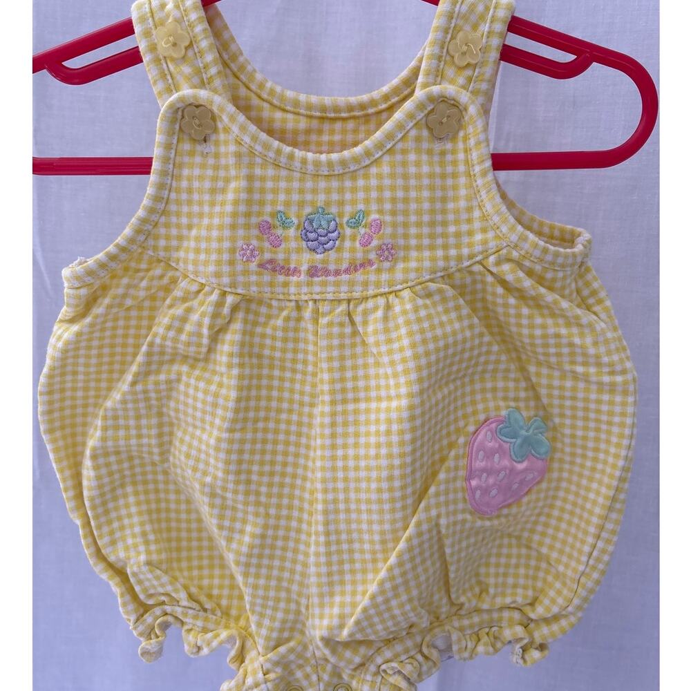 Little Wonders  Yellow White Gingham Strawberry Bubble Romper 0-3 Mos Vintage